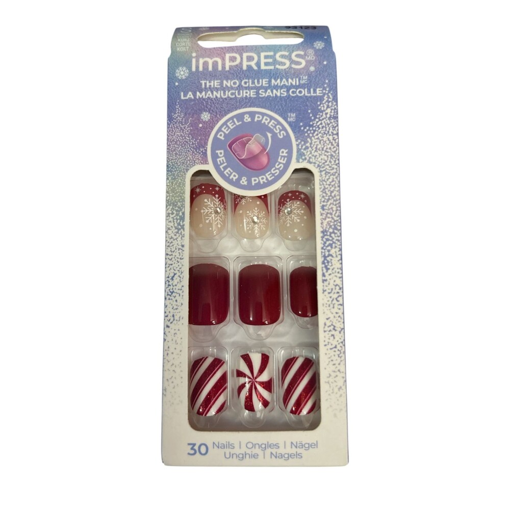 imPRESS Press-On Manicure "Winter Warmth" Short Nails – 30 Ct Holiday Candy Cane